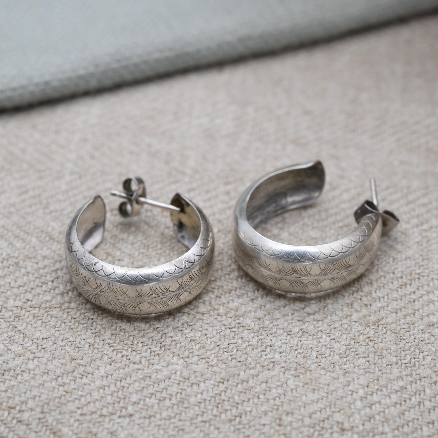 Vintage Sterling Silver C Hoop Earrings - Minimalist | Etched Geometric Pattern Design | Statement Jewellery