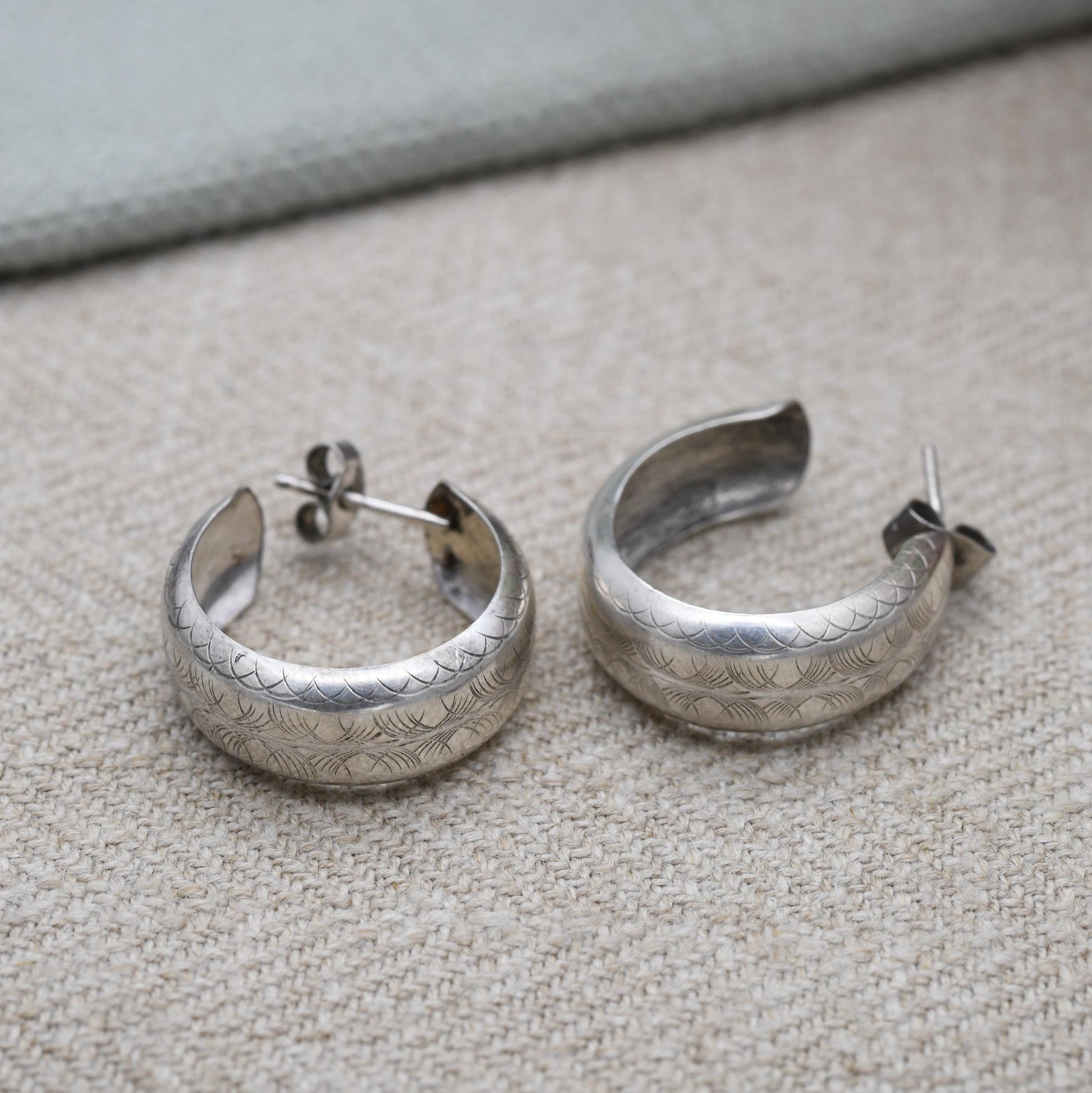 Vintage Sterling Silver C Hoop Earrings - Minimalist | Etched Geometric Pattern Design | Statement Jewellery