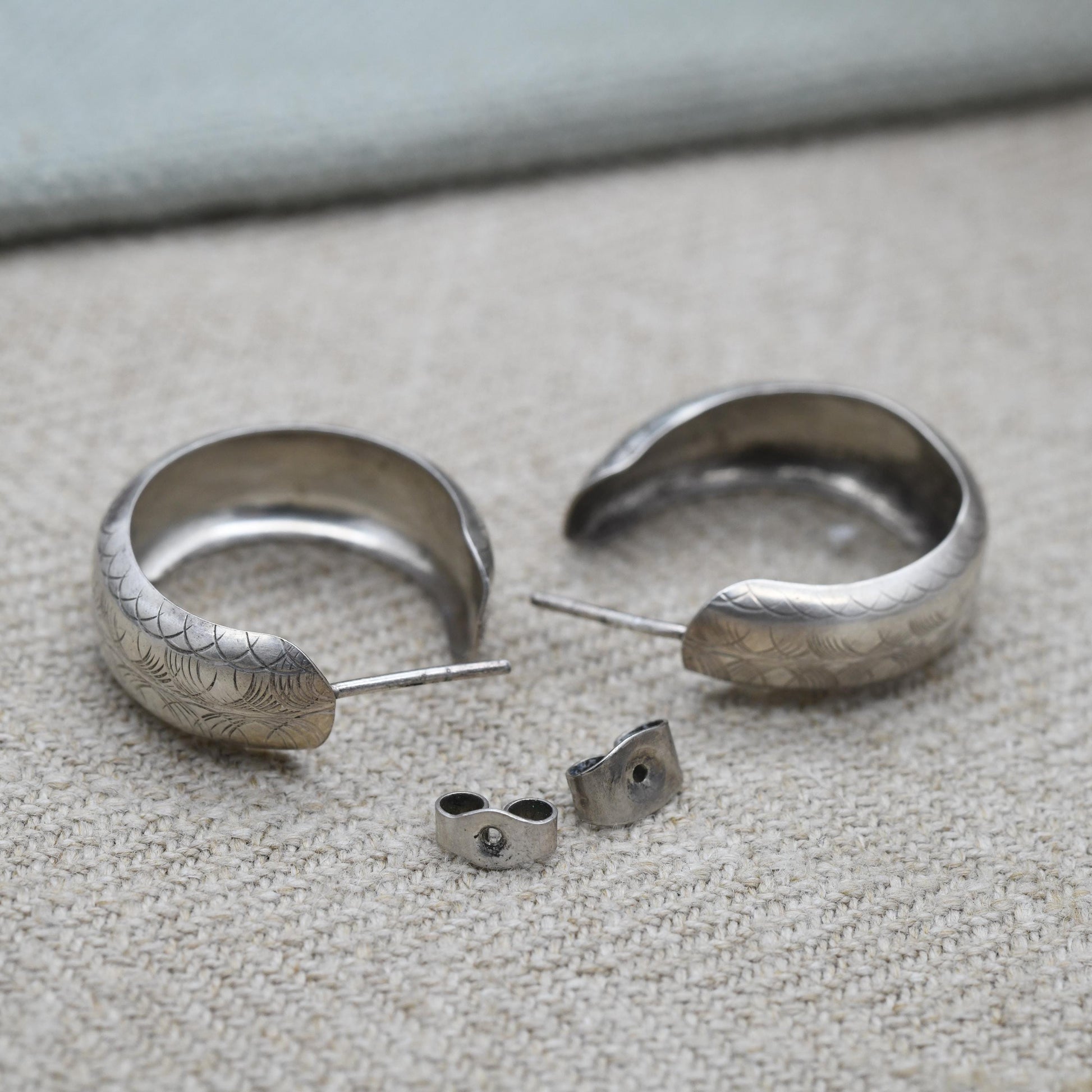 Vintage Sterling Silver C Hoop Earrings - Minimalist | Etched Geometric Pattern Design | Statement Jewellery