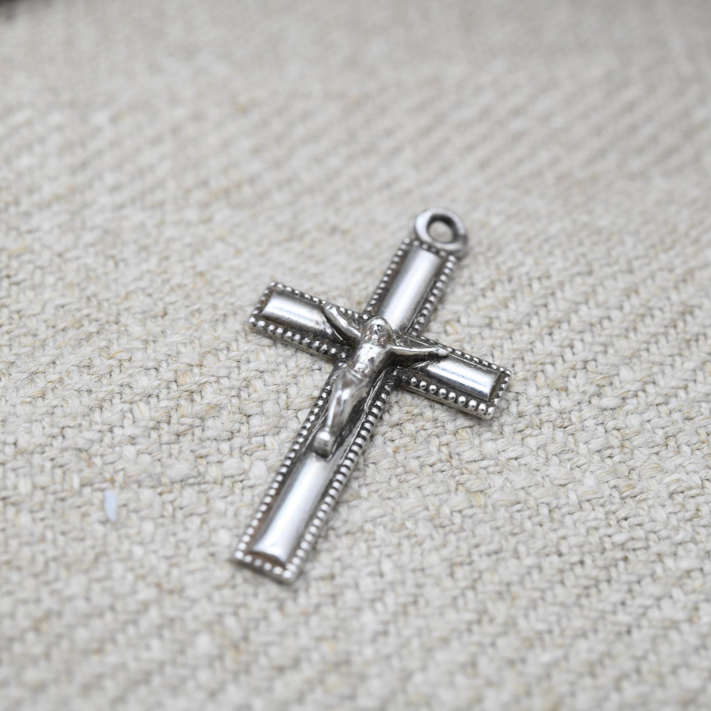 Vintage Sterling Silver Crucifix - Mid-Century | Granulated Border | Christian Cross Pendant | Gift for Baptism Christening