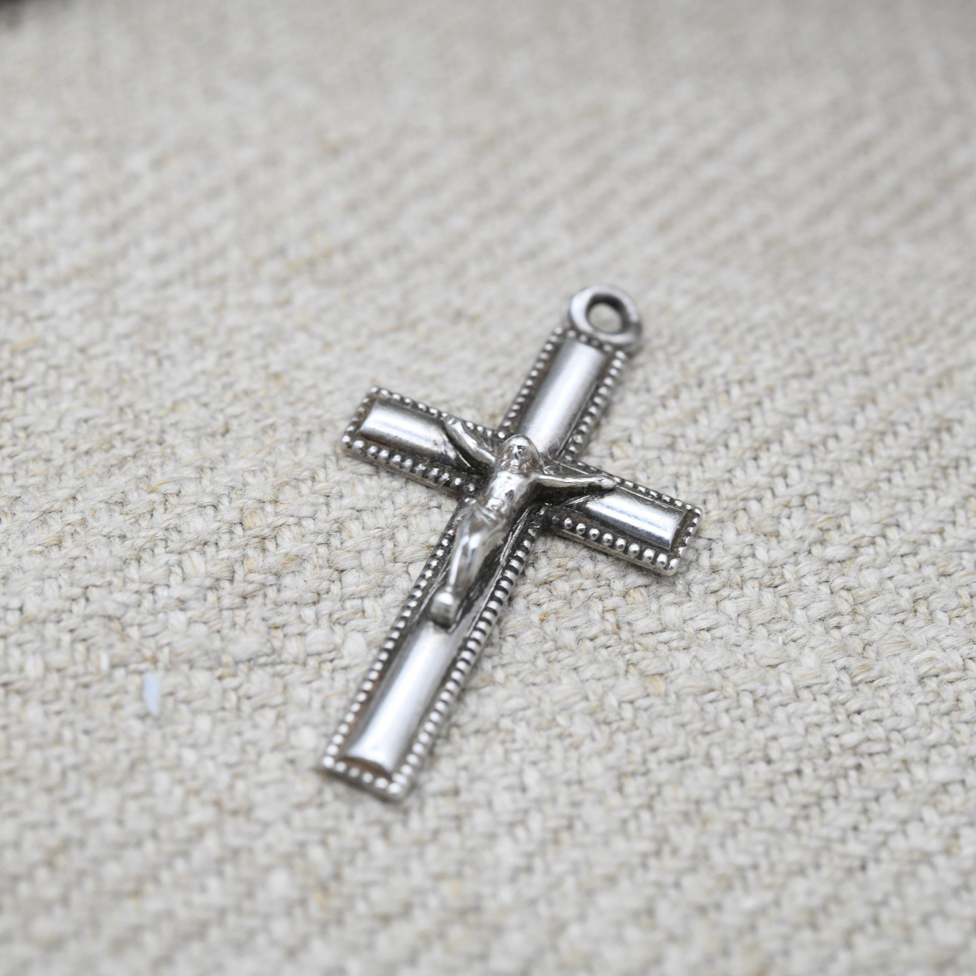 Vintage Sterling Silver Crucifix - Mid-Century | Granulated Border | Christian Cross Pendant | Gift for Baptism Christening