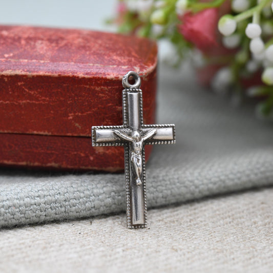 Vintage Sterling Silver Crucifix - Mid-Century | Granulated Border | Christian Cross Pendant | Gift for Baptism Christening