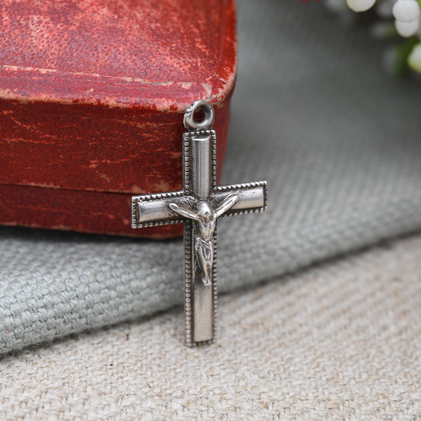 Vintage Sterling Silver Crucifix - Mid-Century | Granulated Border | Christian Cross Pendant | Gift for Baptism Christening