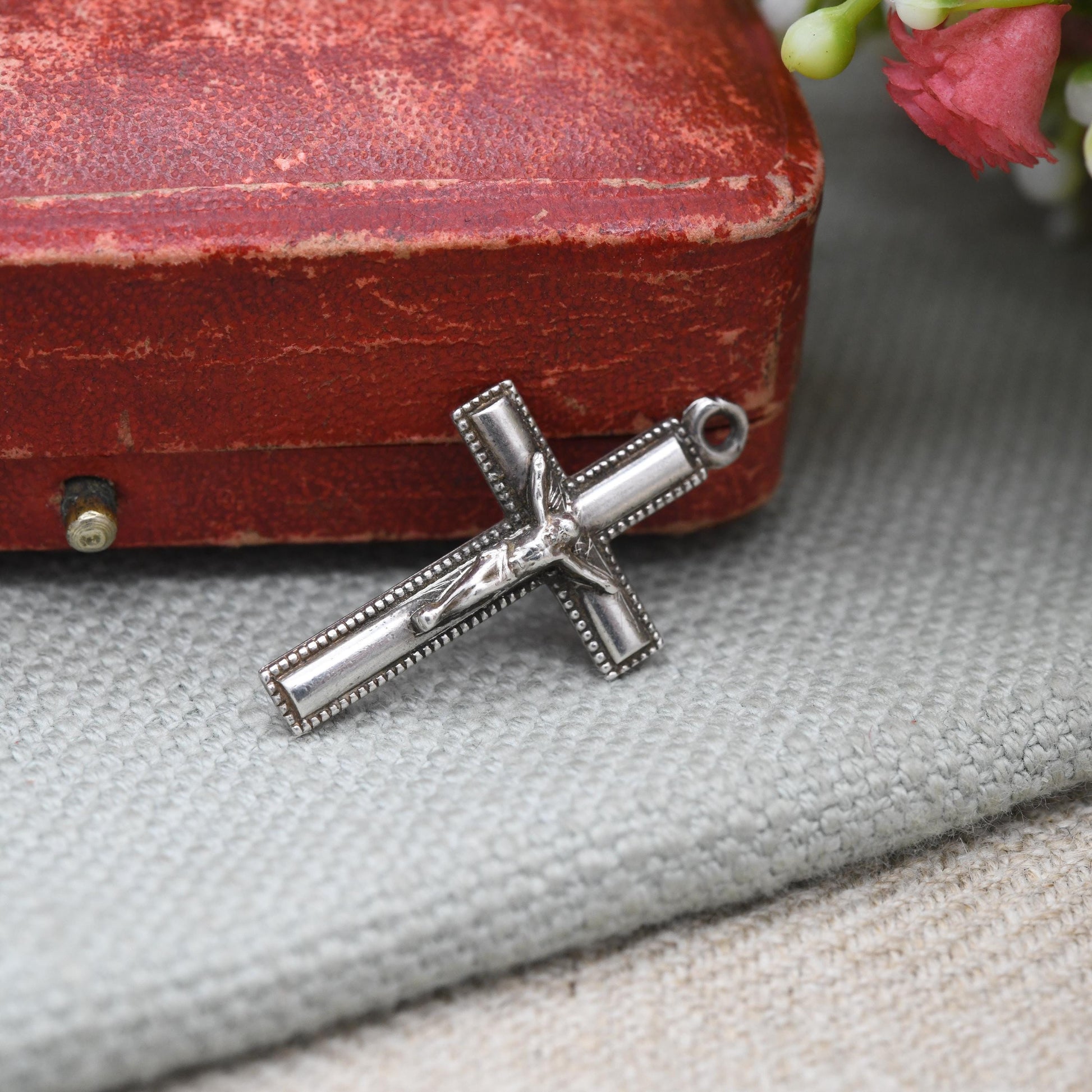 Vintage Sterling Silver Crucifix - Mid-Century | Granulated Border | Christian Cross Pendant | Gift for Baptism Christening