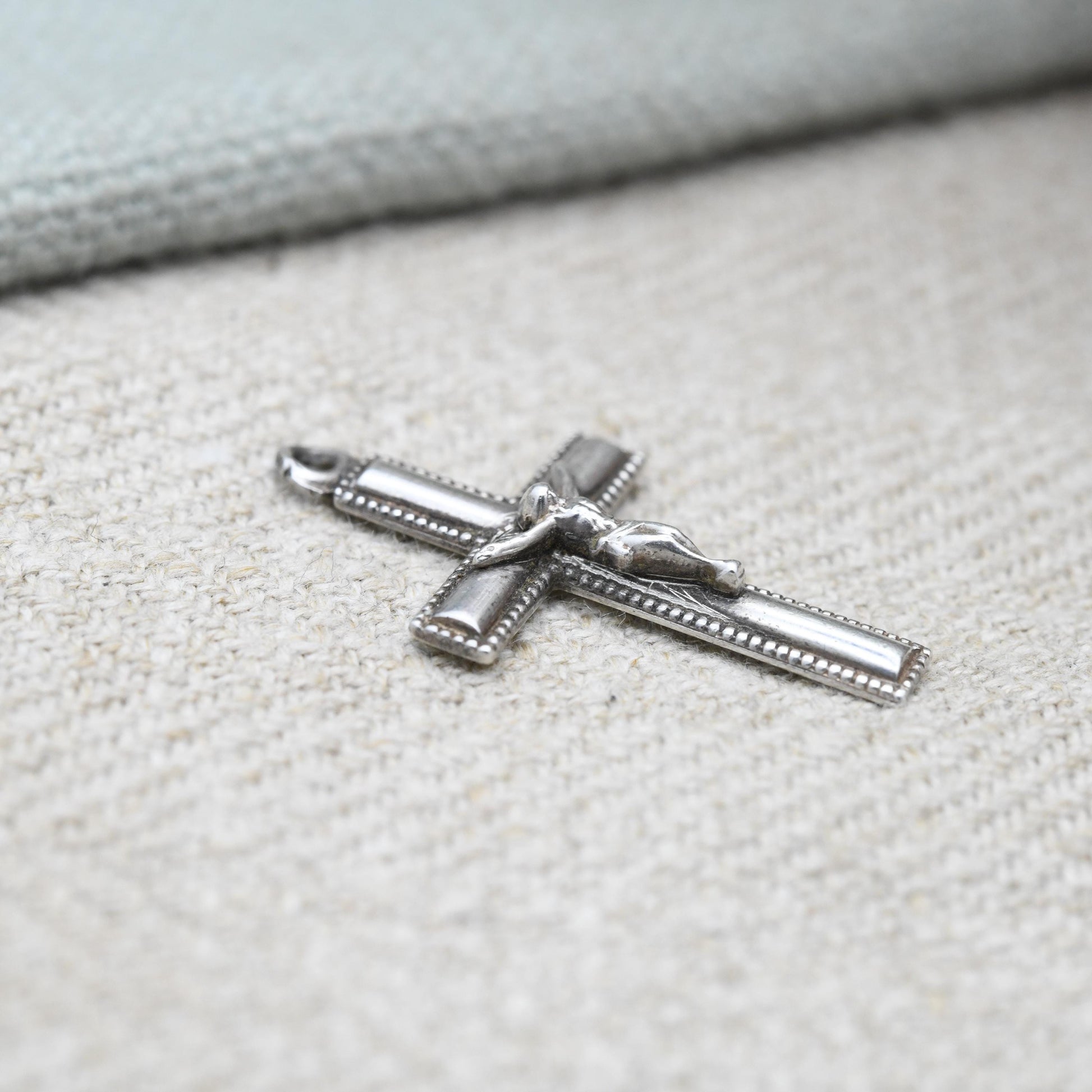 Vintage Sterling Silver Crucifix - Mid-Century | Granulated Border | Christian Cross Pendant | Gift for Baptism Christening