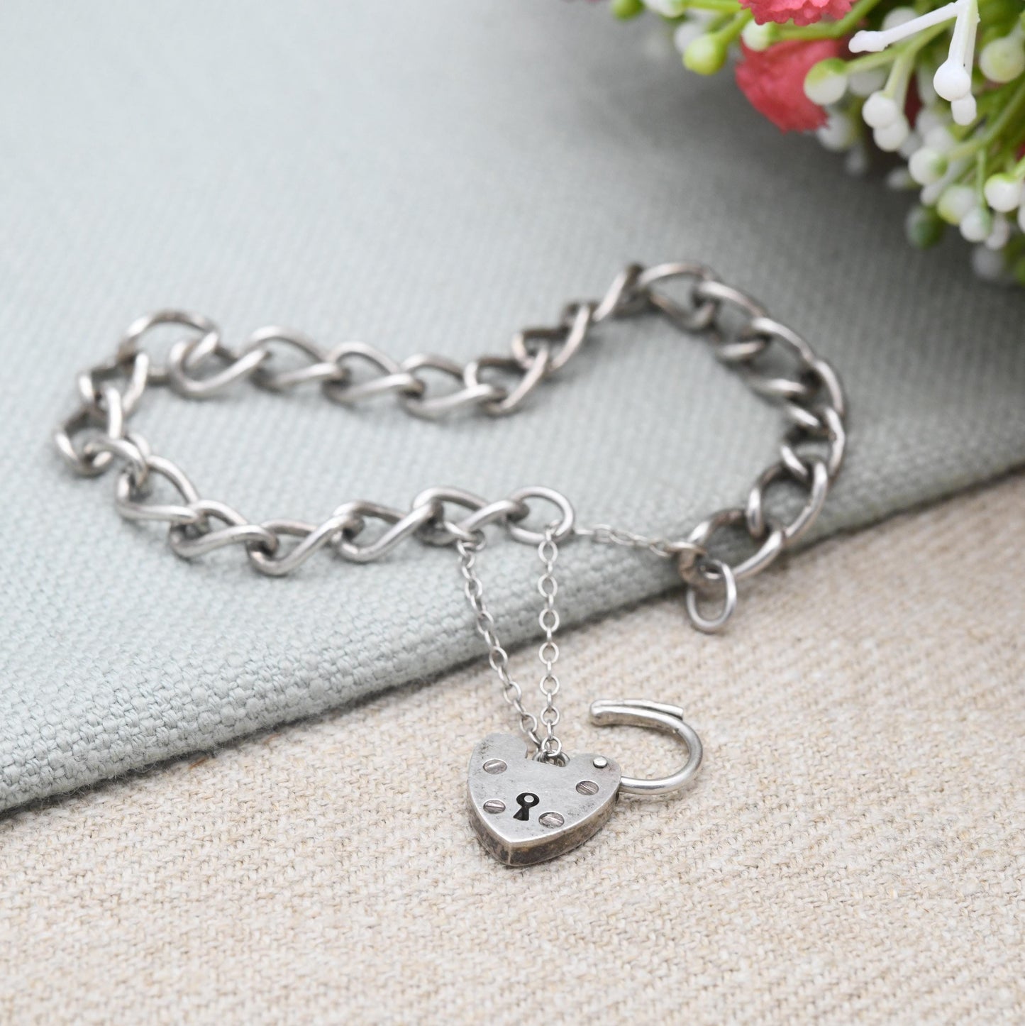Vintage Sterling Silver Heart Padlock Clasp Chain Bracelet - Chunky Curb Links with Safety Chain