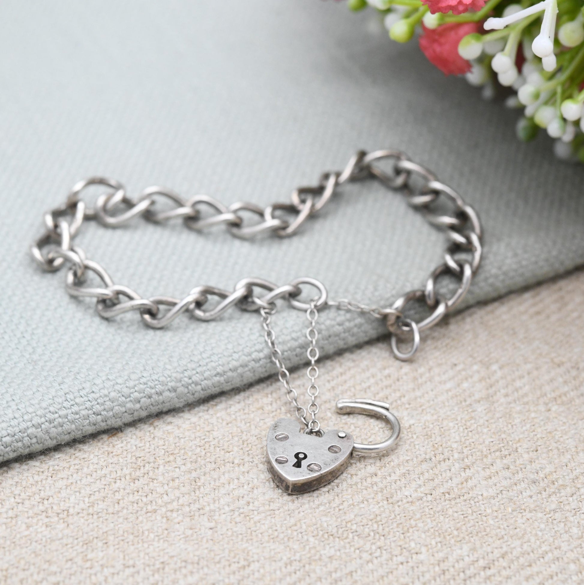 Vintage Sterling Silver Heart Padlock Clasp Chain Bracelet - Chunky Curb Links with Safety Chain