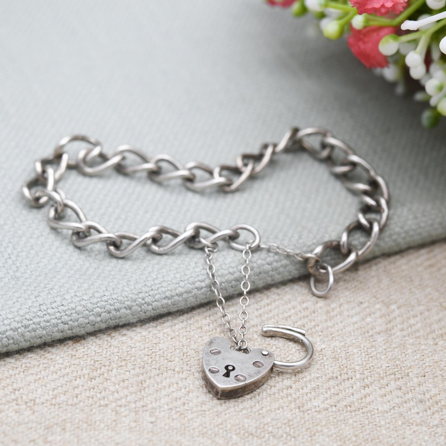 Vintage Sterling Silver Heart Padlock Clasp Chain Bracelet - Chunky Curb Links with Safety Chain