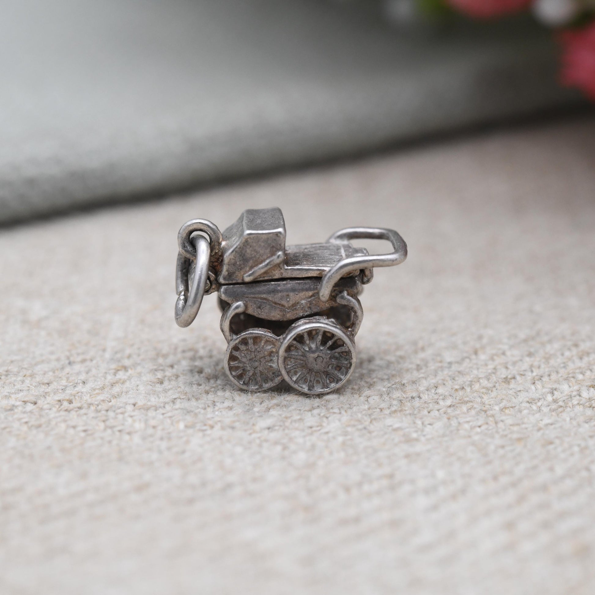 Vintage Nuvo Sterling Silver Pram Charm Opening to Reveal a Baby - Antique Style Pushchair Pendant | Gift for Charm Bracelet Necklace Stack