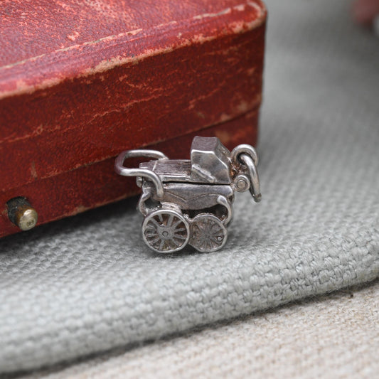 Vintage Nuvo Sterling Silver Pram Charm Opening to Reveal a Baby - Antique Style Pushchair Pendant | Gift for Charm Bracelet Necklace Stack
