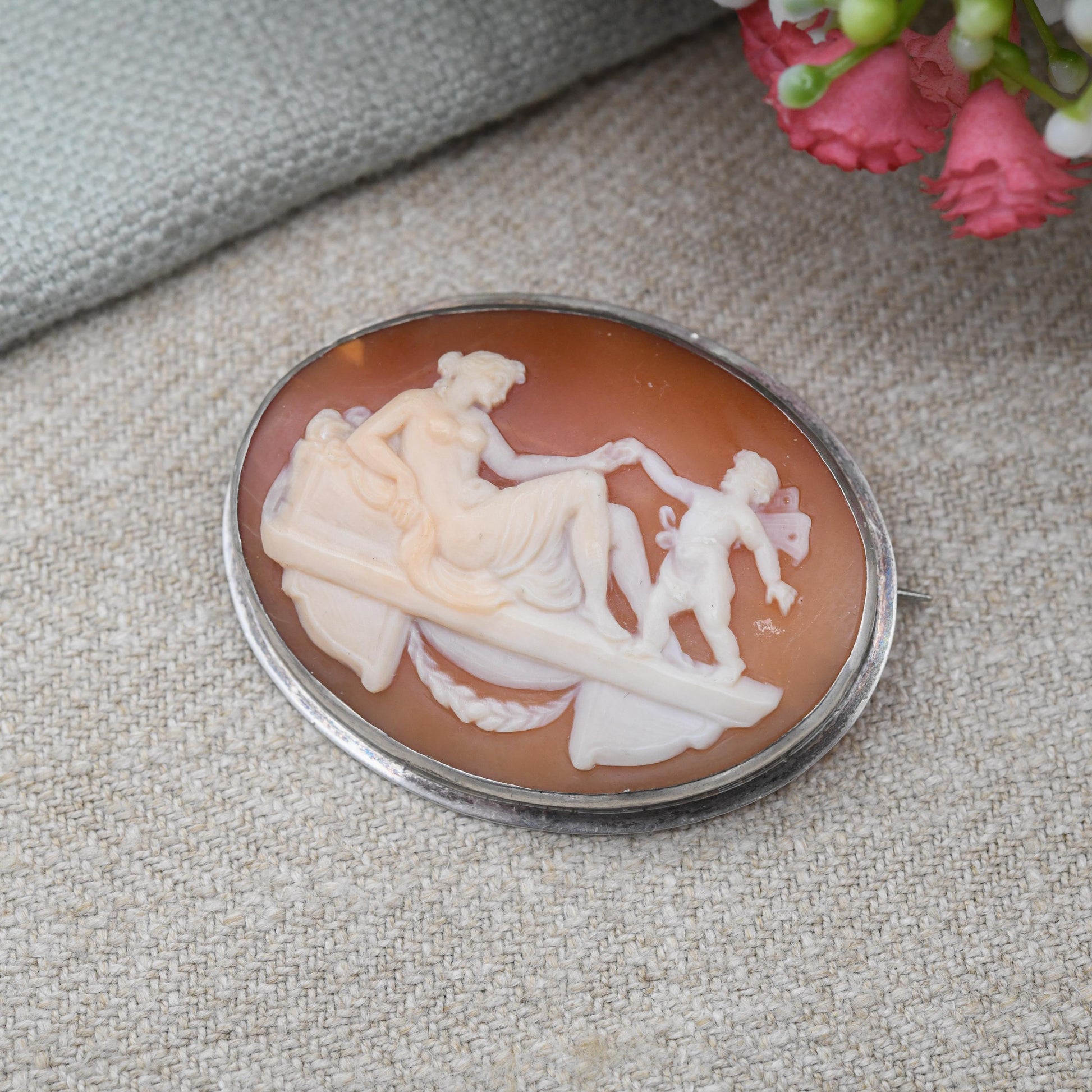 Antique Goddess Cameo Brooch with Classical Scene of Venus and Cupid - Silver Mount | Victorian Carved Shell Cameo Woman and Winged Child