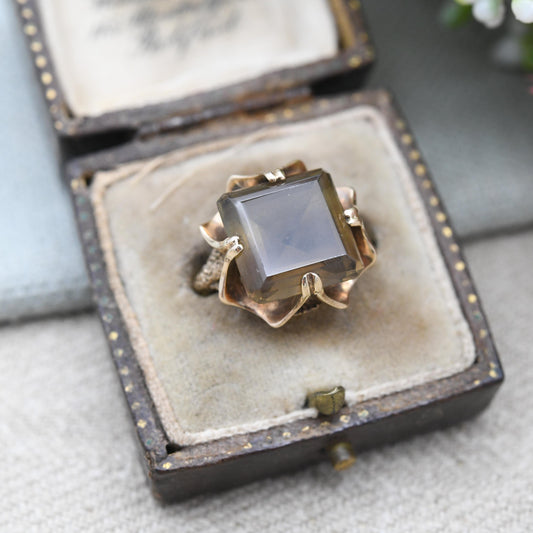 Vintage 9ct Gold Smoky Quartz Statement Ring 1976 - Mid-Century Large Square Brown Gemstone Cocktail Ring | UK Size - M | US Size - 6 1/2