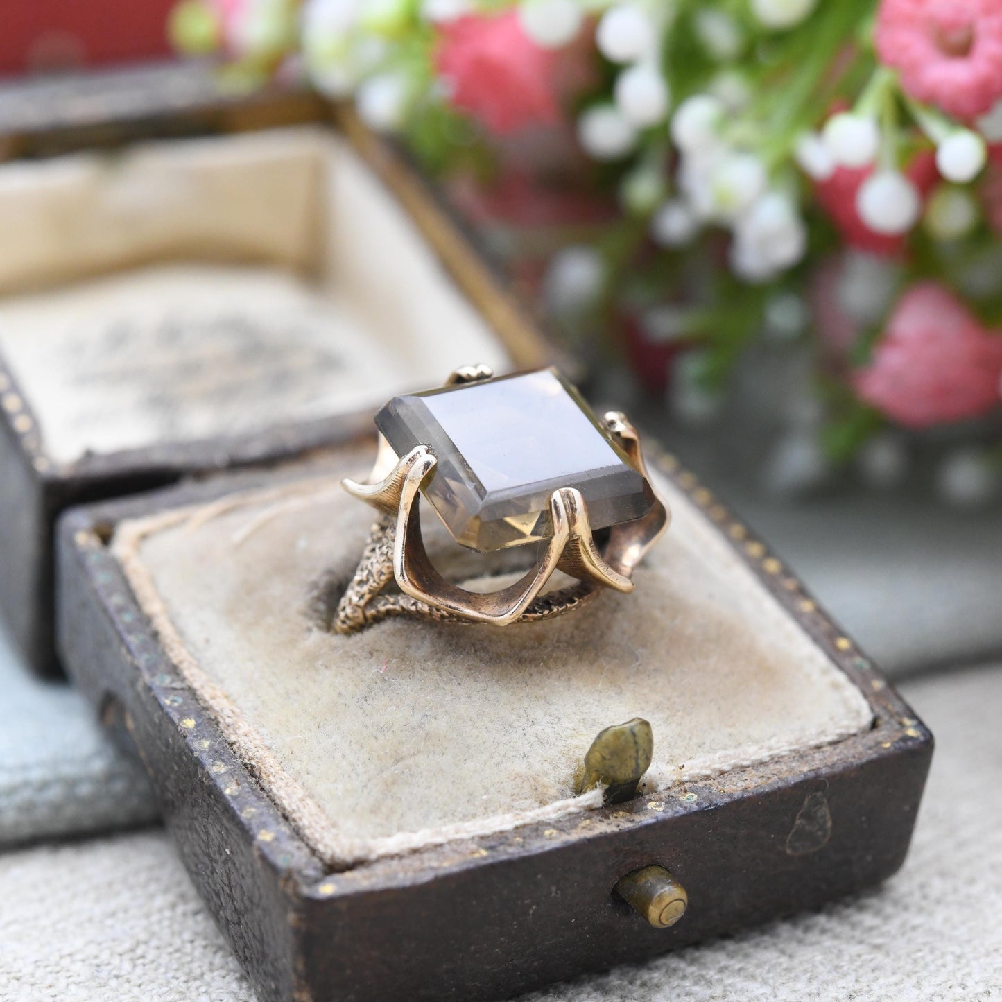 Vintage 9ct Gold Smoky Quartz Statement Ring 1976 - Mid-Century Large Square Brown Gemstone Cocktail Ring | UK Size - M | US Size - 6 1/2