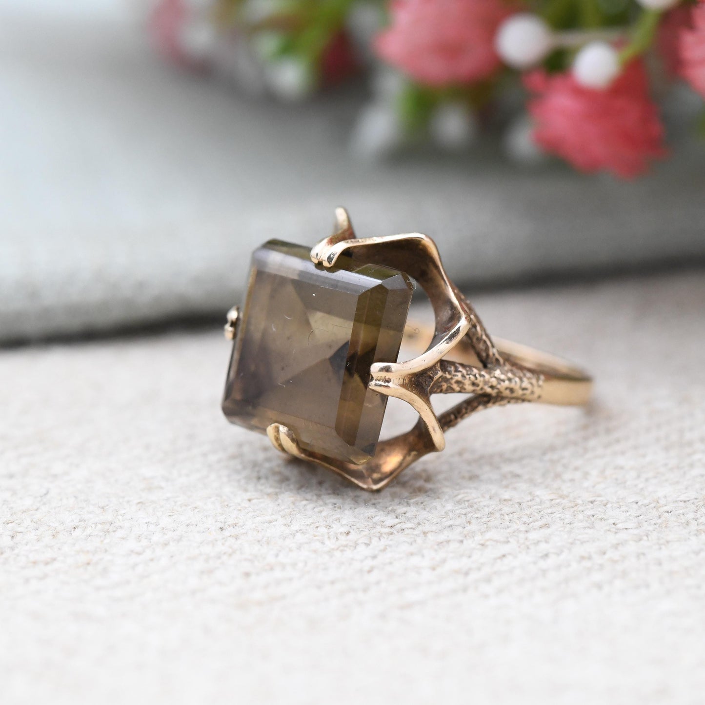Vintage 9ct Gold Smoky Quartz Statement Ring 1976 - Mid-Century Large Square Brown Gemstone Cocktail Ring | UK Size - M | US Size - 6 1/2