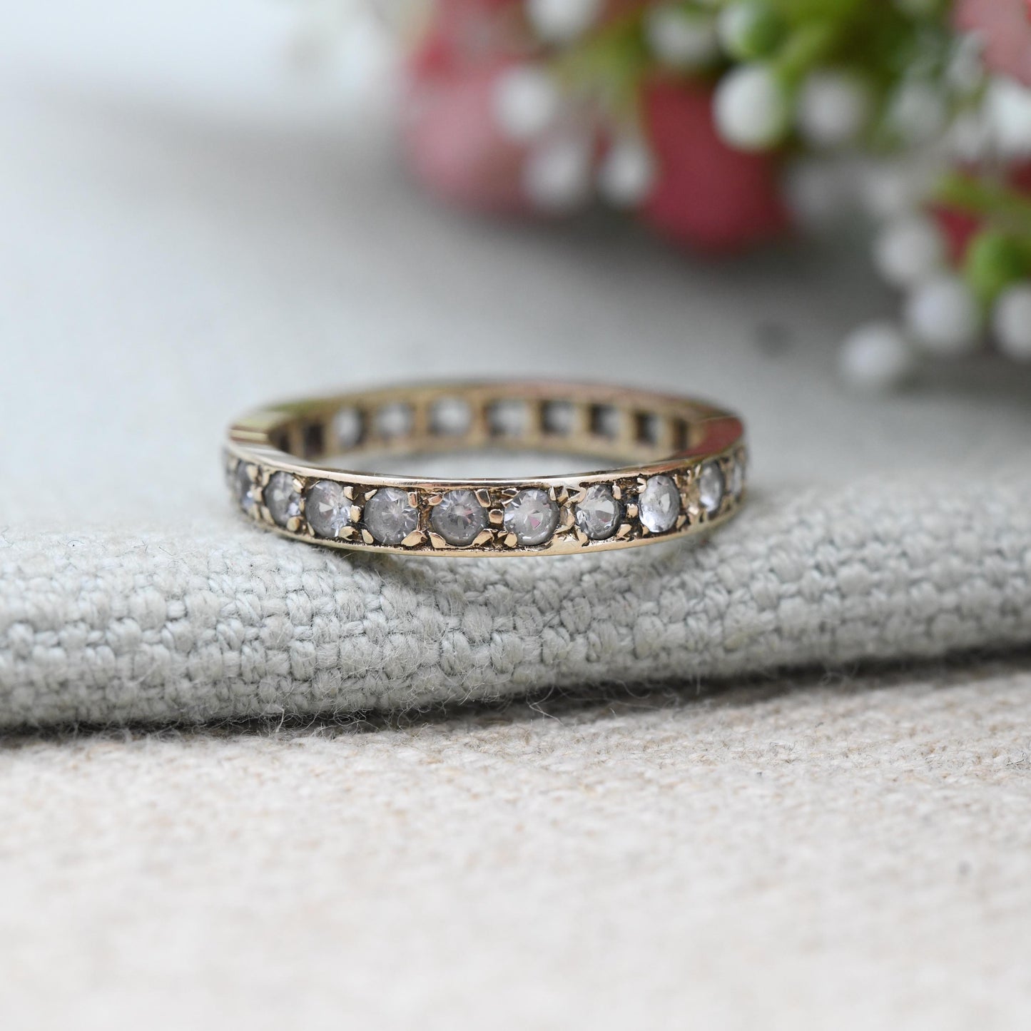 Vintage 9ct Gold Eternity Ring with Clear Stones 1979 - Mid-Century Wedding Band Anniversary Stacking Ring | UK Size - P | US Size - 7 3/4