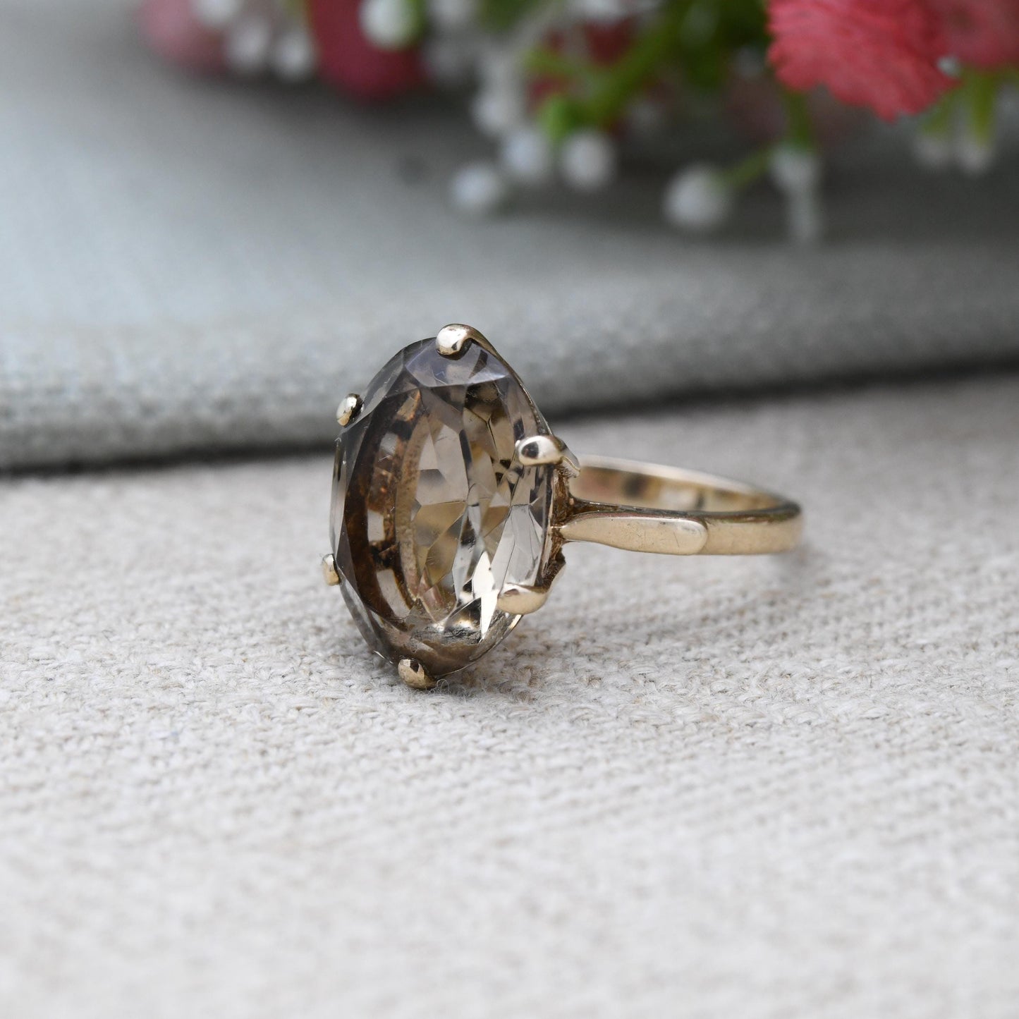 Vintage 9ct Gold Ring Smoky Quartz Statement Ring 1978 Payton Pepper & Sons PPLD - Mid-Century Large Gemstone | UK Size - P | US Size - 8
