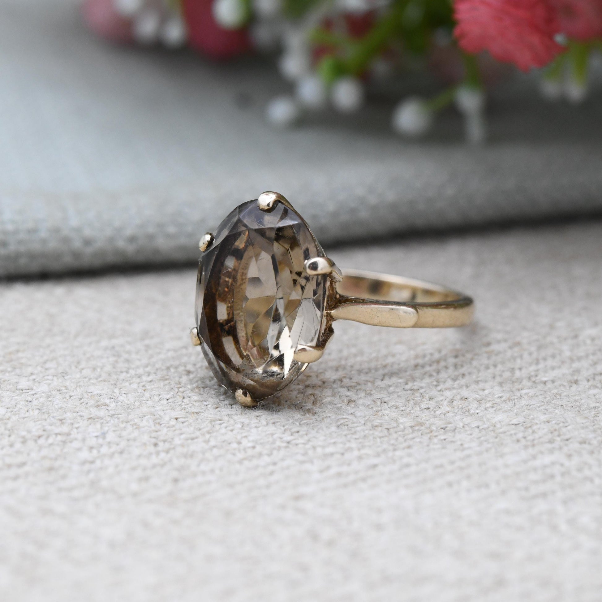 Vintage 9ct Gold Ring Smoky Quartz Statement Ring 1978 Payton Pepper & Sons PPLD - Mid-Century Large Gemstone | UK Size - P | US Size - 8
