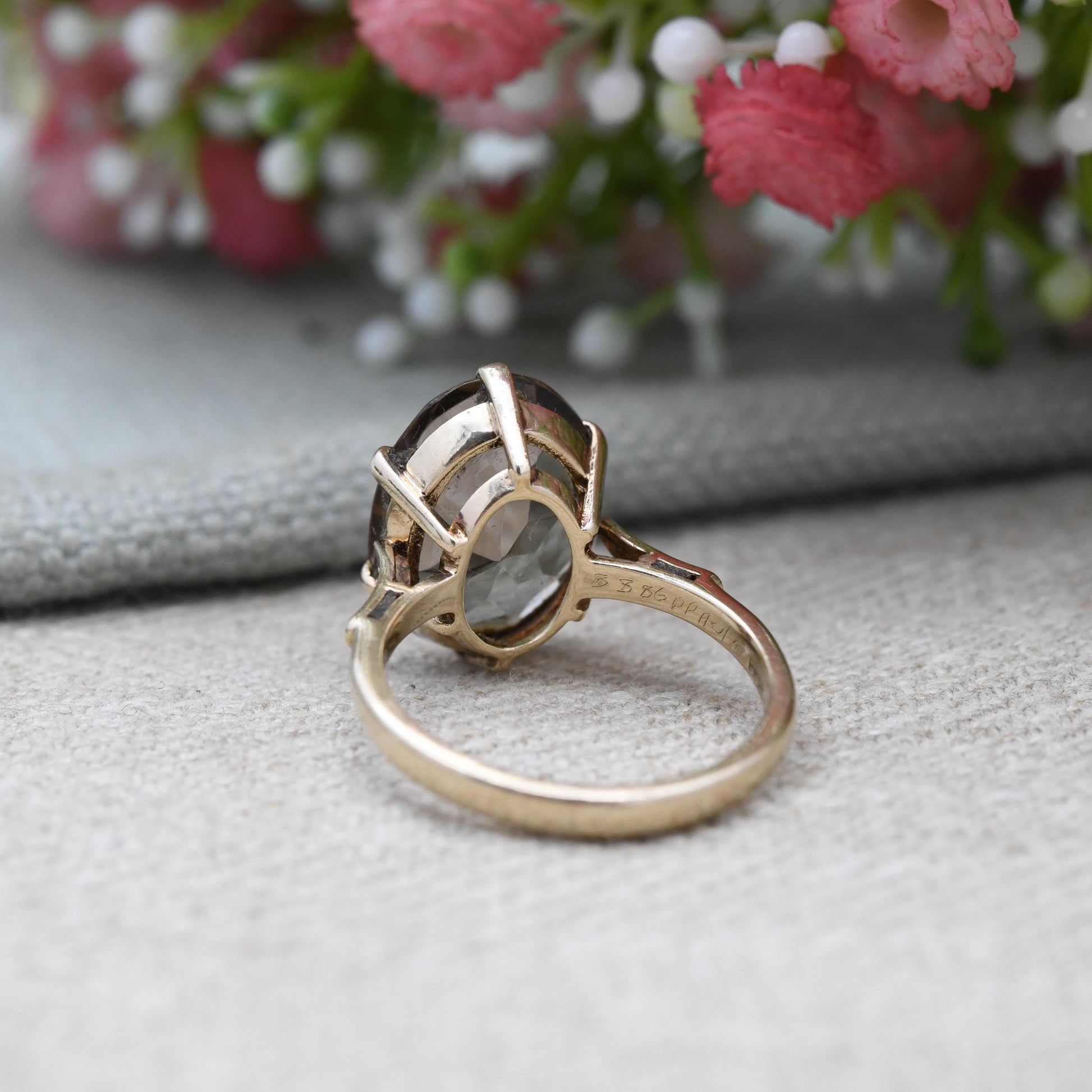 Vintage 9ct Gold Ring Smoky Quartz Statement Ring 1978 Payton Pepper & Sons PPLD - Mid-Century Large Gemstone | UK Size - P | US Size - 8