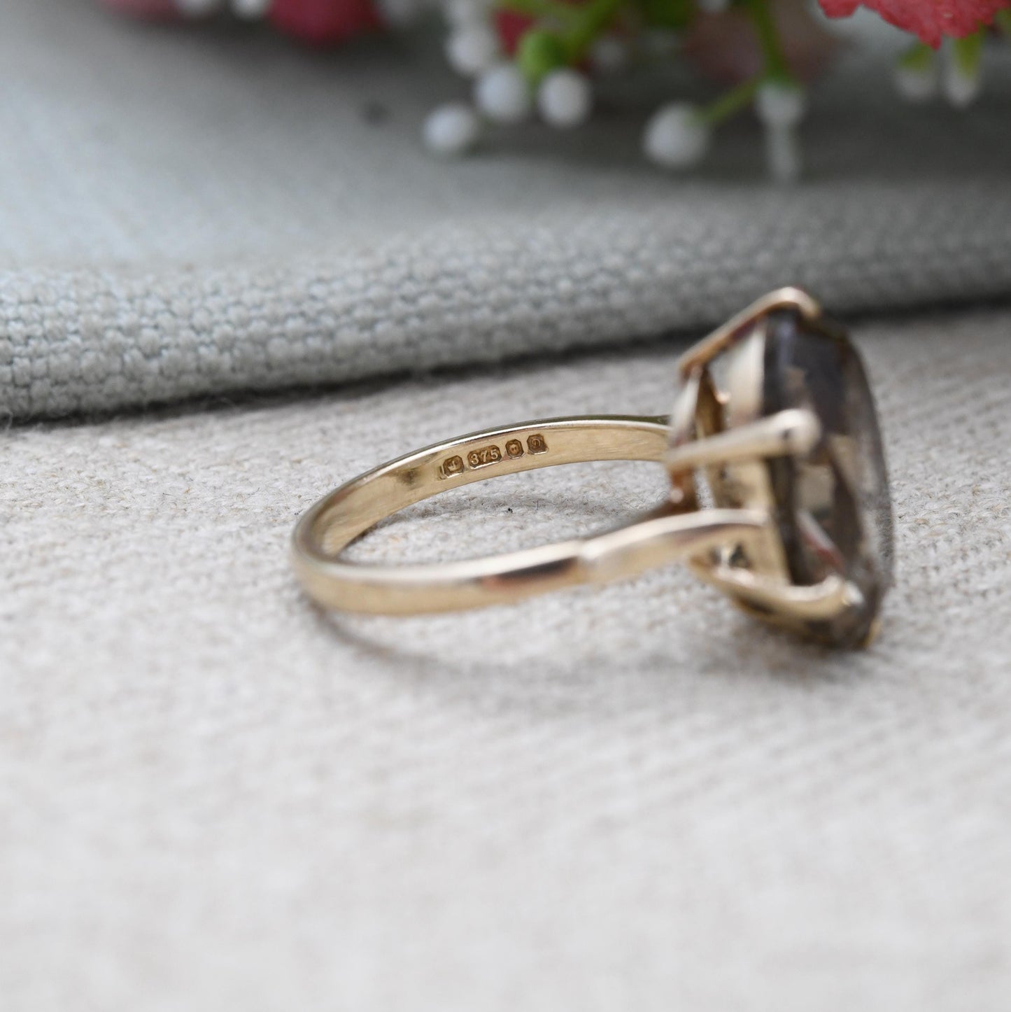 Vintage 9ct Gold Ring Smoky Quartz Statement Ring 1978 Payton Pepper & Sons PPLD - Mid-Century Large Gemstone | UK Size - P | US Size - 8