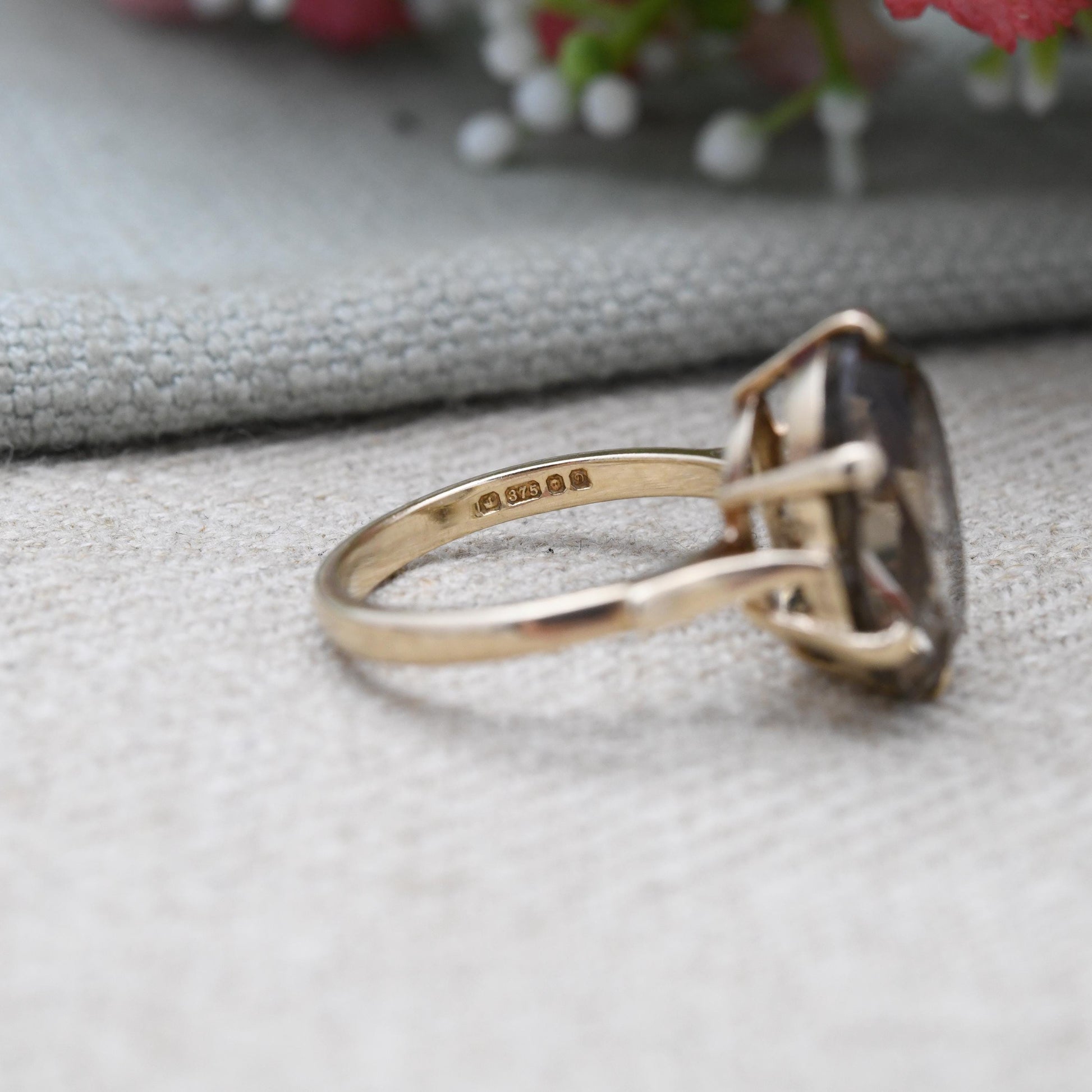 Vintage 9ct Gold Ring Smoky Quartz Statement Ring 1978 Payton Pepper & Sons PPLD - Mid-Century Large Gemstone | UK Size - P | US Size - 8
