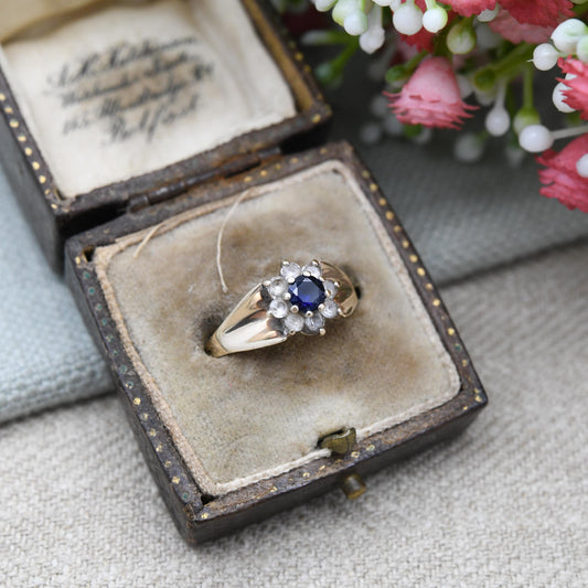 Vintage 9ct Gold Floral Cluster Ring 1973 - Deep Blue with Clear Stone Halo | Small UK Size - O | US Size - 7 1/2