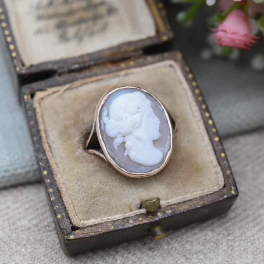 Antique 9ct Rose Gold Cameo Ring - Large Carved Shell Face | Ancient Classical Figure | Raised Cameo | UK Size - M | US Size - 6 1/2