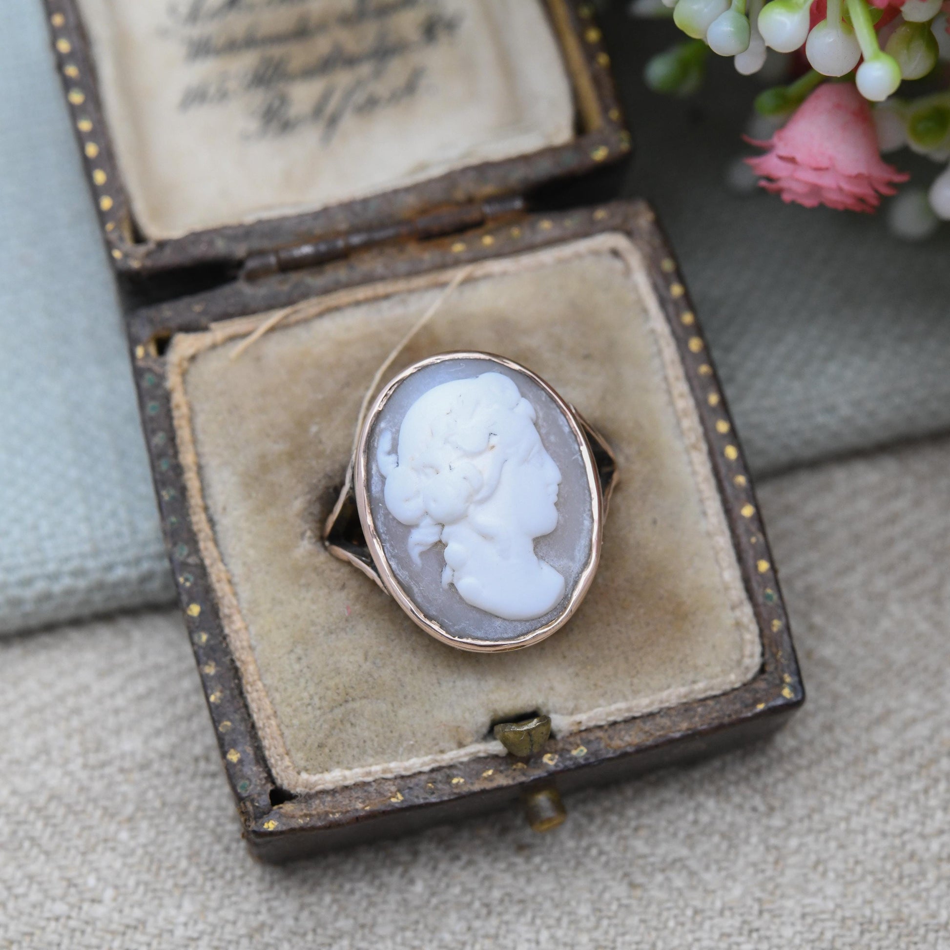 Antique 9ct Rose Gold Cameo Ring - Large Carved Shell Face | Ancient Classical Figure | Raised Cameo | UK Size - M | US Size - 6 1/2