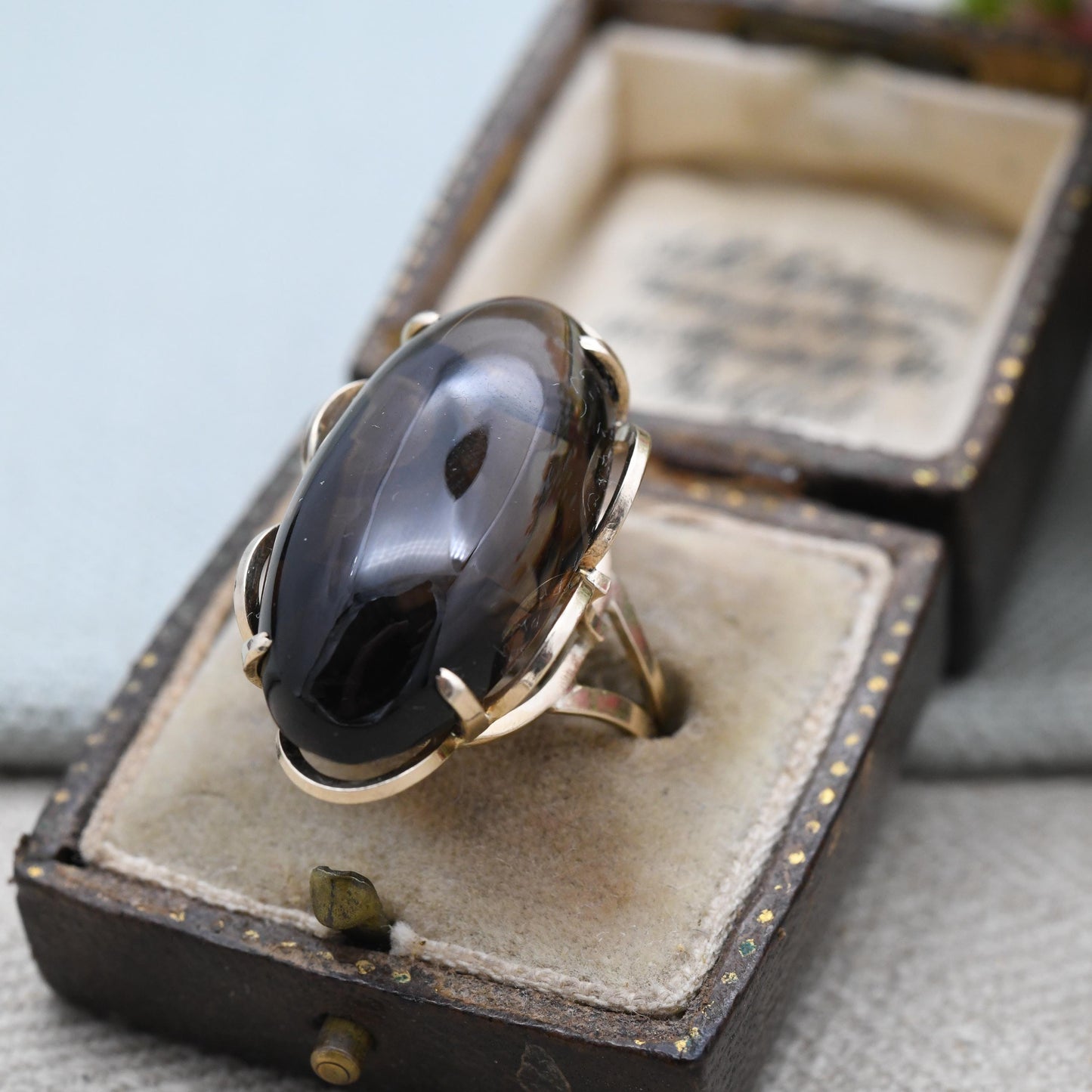 Vintage 9ct Gold Smoky Quartz Statement Ring 1972 with Large Cabochon Stone - Mid-Century Gemstone Cocktail | UK Size - O | US Size - 7 1/4