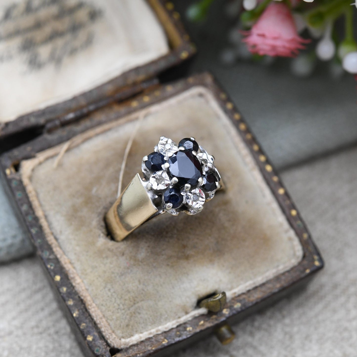 Vintage 9ct Gold Sapphire and Diamond Ring 1979 - Wide Band Deep Blue Floral Ring | Blue Stone Engagement | UK Size - P | US Size - 7 3/4