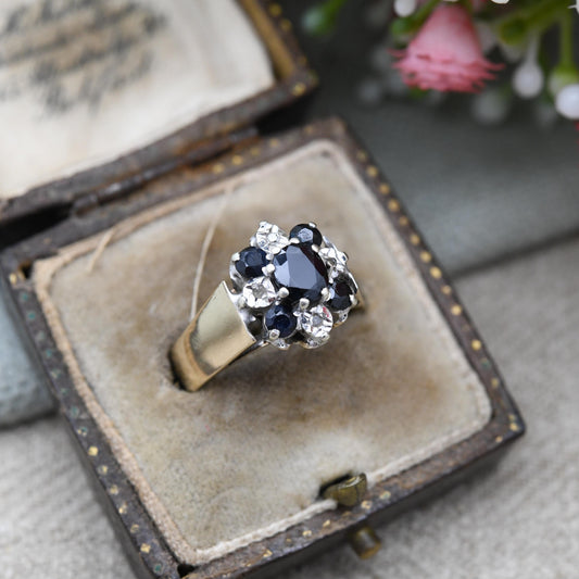 Vintage 9ct Gold Sapphire and Diamond Ring 1979 - Wide Band Deep Blue Floral Ring | Blue Stone Engagement | UK Size - P | US Size - 7 3/4
