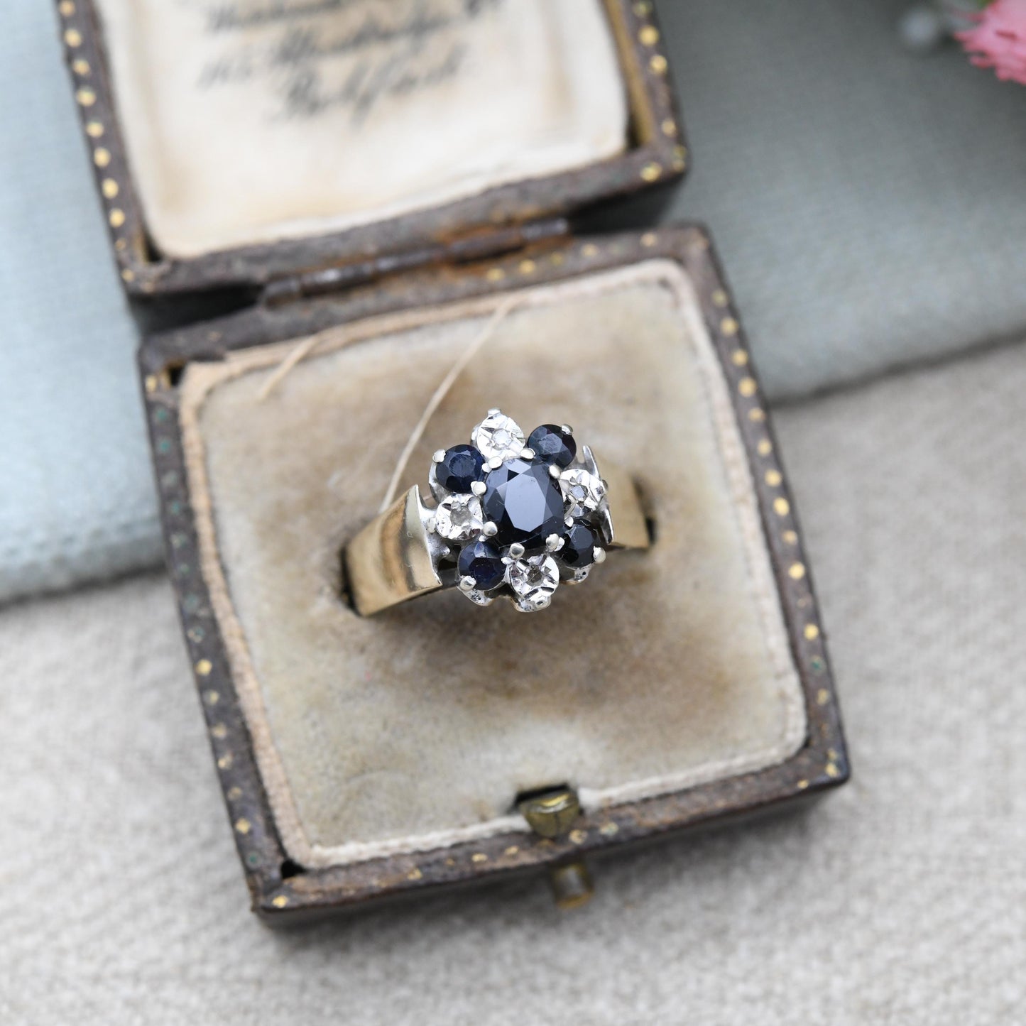 Vintage 9ct Gold Sapphire and Diamond Ring 1979 - Wide Band Deep Blue Floral Ring | Blue Stone Engagement | UK Size - P | US Size - 7 3/4