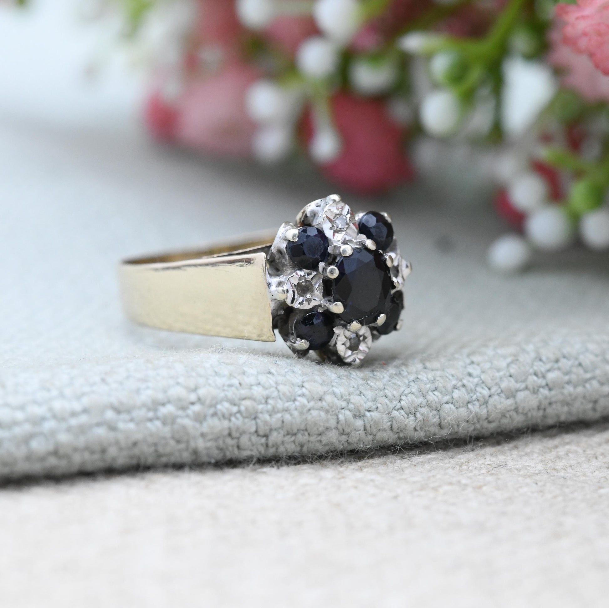 Vintage 9ct Gold Sapphire and Diamond Ring 1979 - Wide Band Deep Blue Floral Ring | Blue Stone Engagement | UK Size - P | US Size - 7 3/4