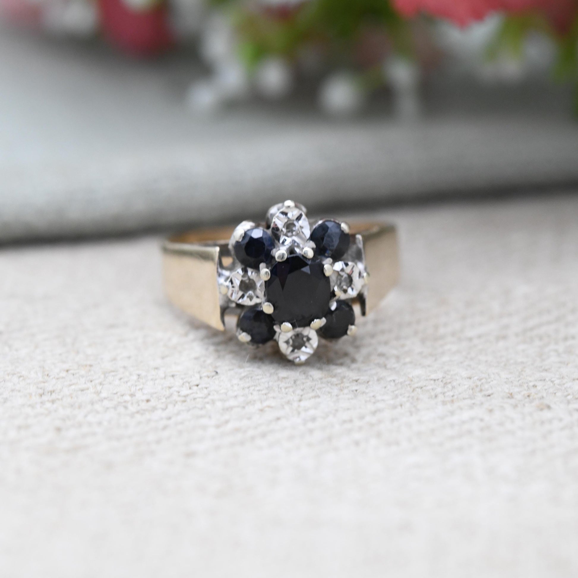 Vintage 9ct Gold Sapphire and Diamond Ring 1979 - Wide Band Deep Blue Floral Ring | Blue Stone Engagement | UK Size - P | US Size - 7 3/4