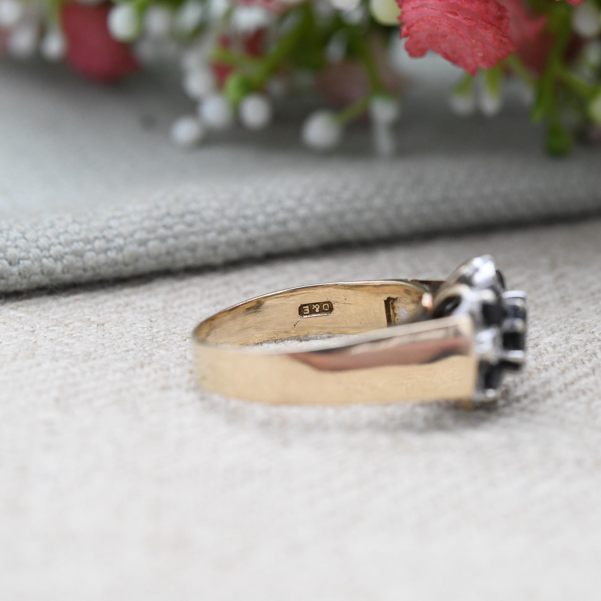 Vintage 9ct Gold Sapphire and Diamond Ring 1979 - Wide Band Deep Blue Floral Ring | Blue Stone Engagement | UK Size - P | US Size - 7 3/4