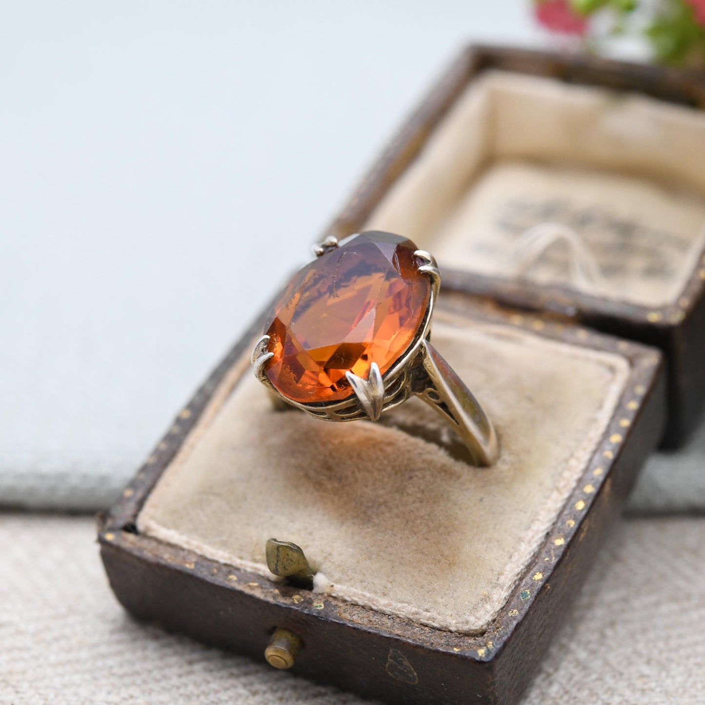 Vintage Gold Plated Sterling Silver Ring with Orange Stone - Midcentury Jewellery with Large Statement Stone | UK Size - Q | US Size - 8 1/4