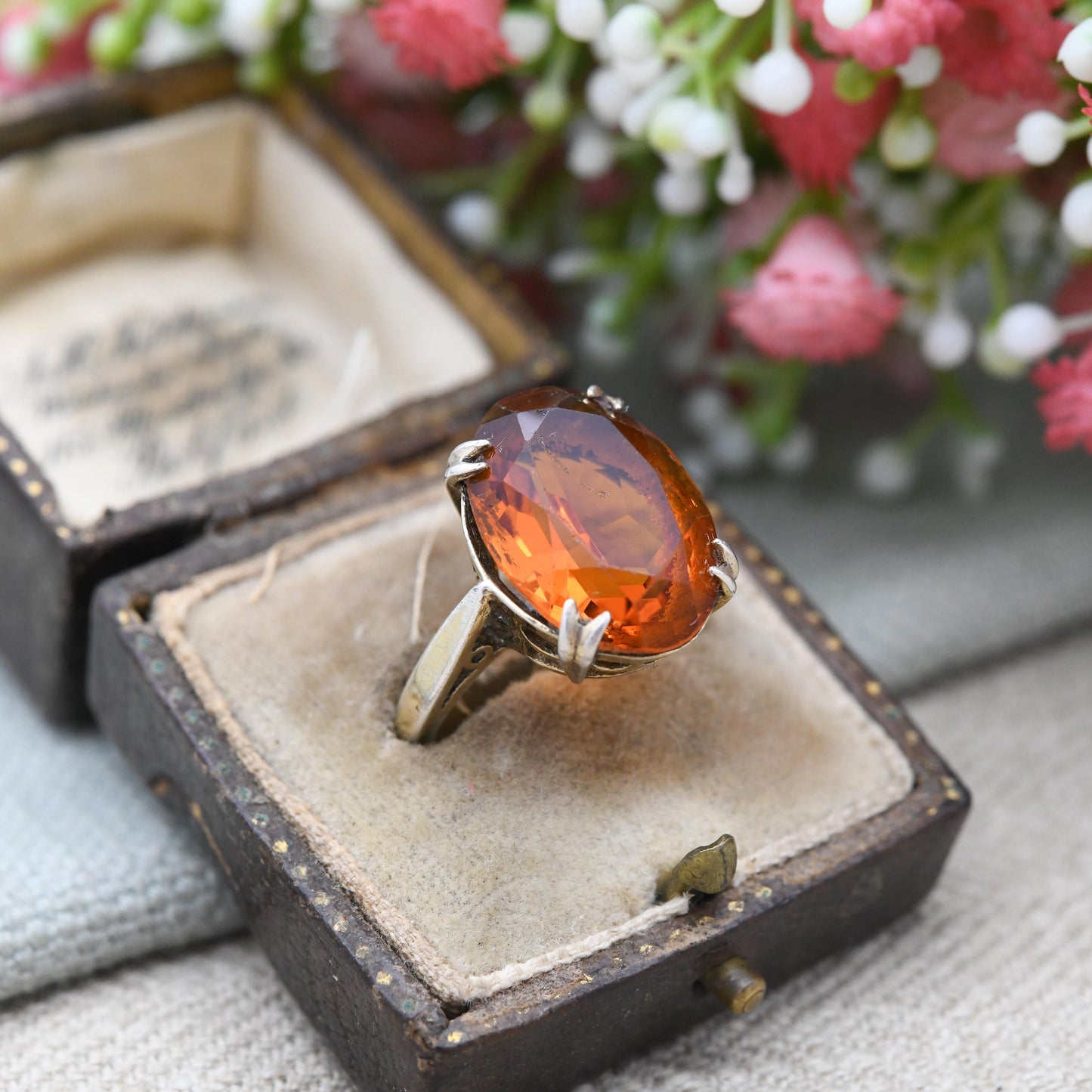 Vintage Gold Plated Sterling Silver Ring with Orange Stone - Midcentury Jewellery with Large Statement Stone | UK Size - Q | US Size - 8 1/4