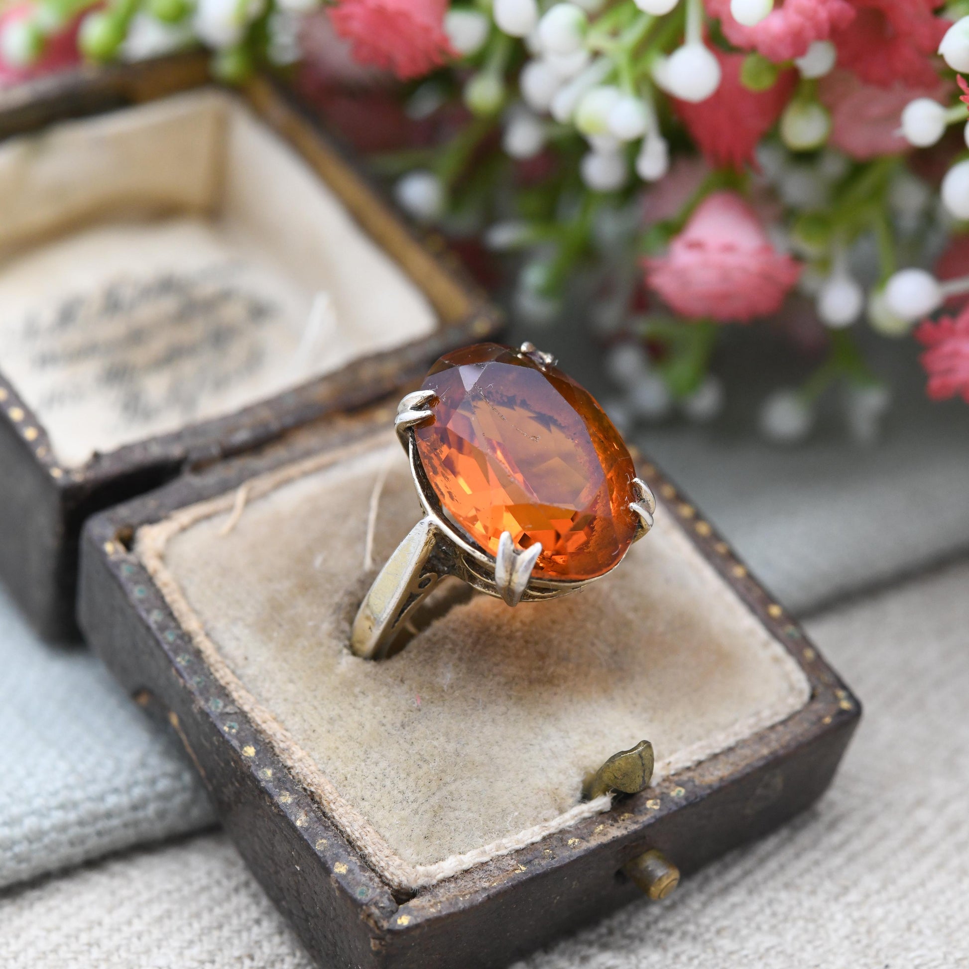Vintage Gold Plated Sterling Silver Ring with Orange Stone - Midcentury Jewellery with Large Statement Stone | UK Size - Q | US Size - 8 1/4