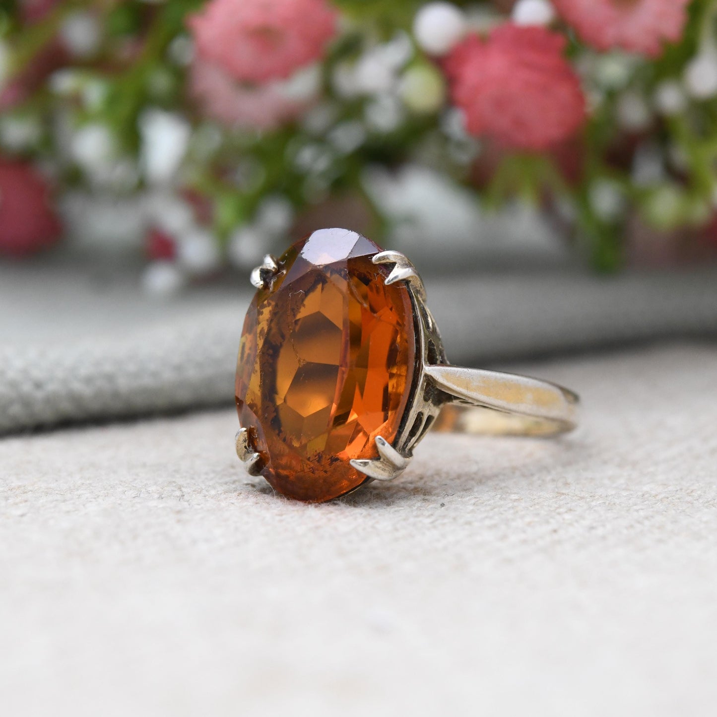 Vintage Gold Plated Sterling Silver Ring with Orange Stone - Midcentury Jewellery with Large Statement Stone | UK Size - Q | US Size - 8 1/4