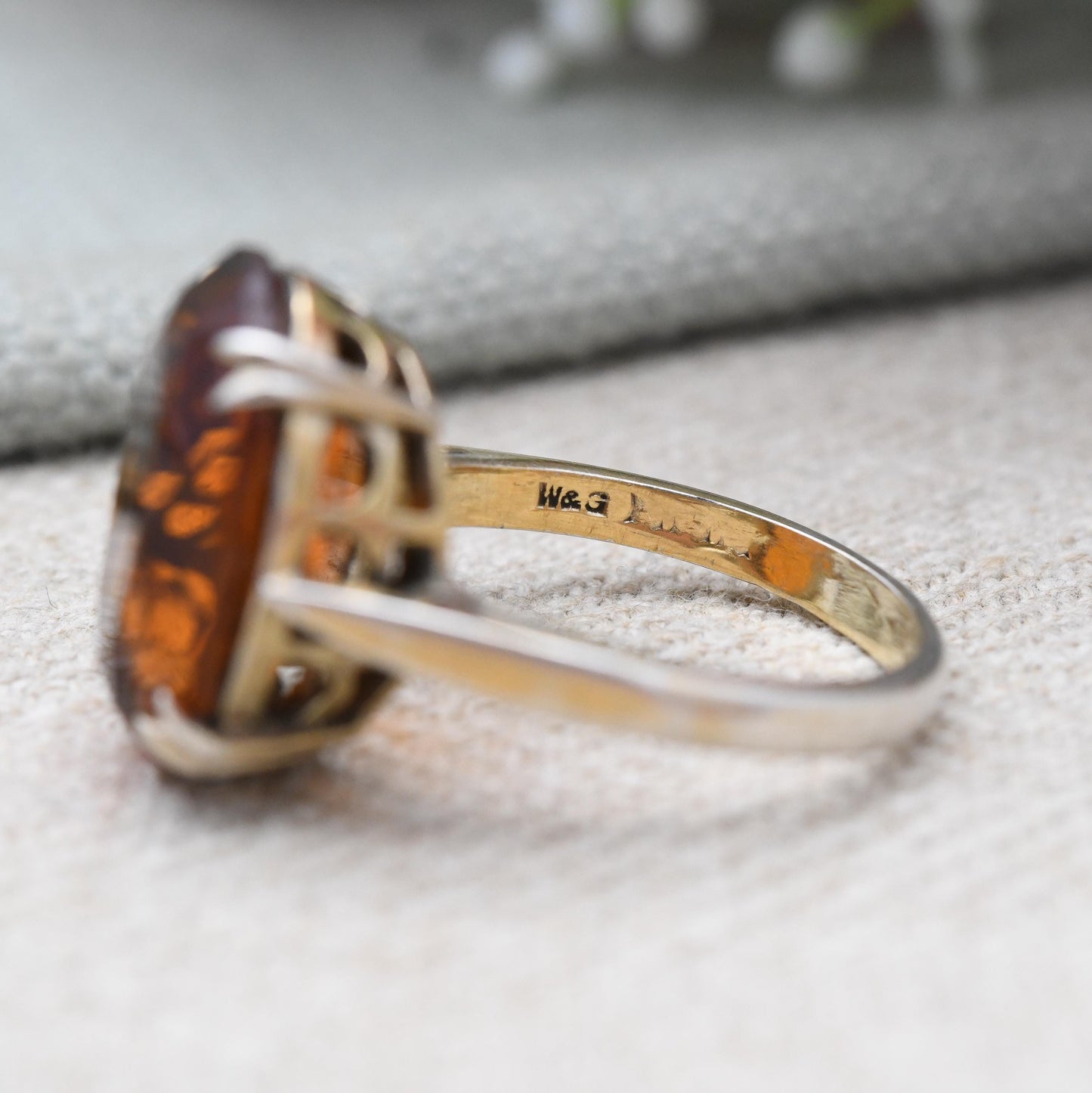 Vintage Gold Plated Sterling Silver Ring with Orange Stone - Midcentury Jewellery with Large Statement Stone | UK Size - Q | US Size - 8 1/4