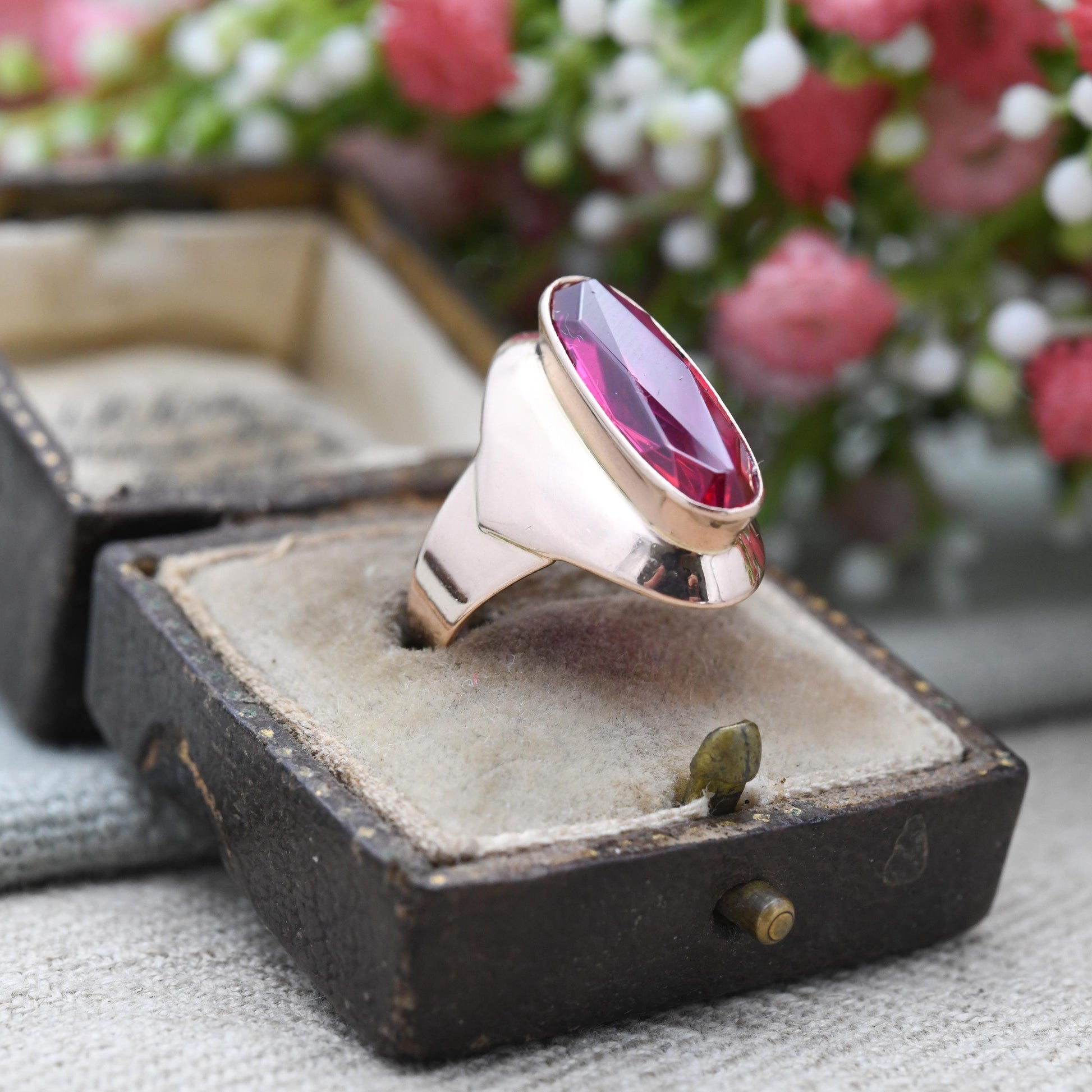 Vintage USSR 14ct Gold Ruby Ring - Large Rose Gold Statement Cocktail Ring | 585 Hammer and Sickle Hallmark | UK Size - N | US Size - 7