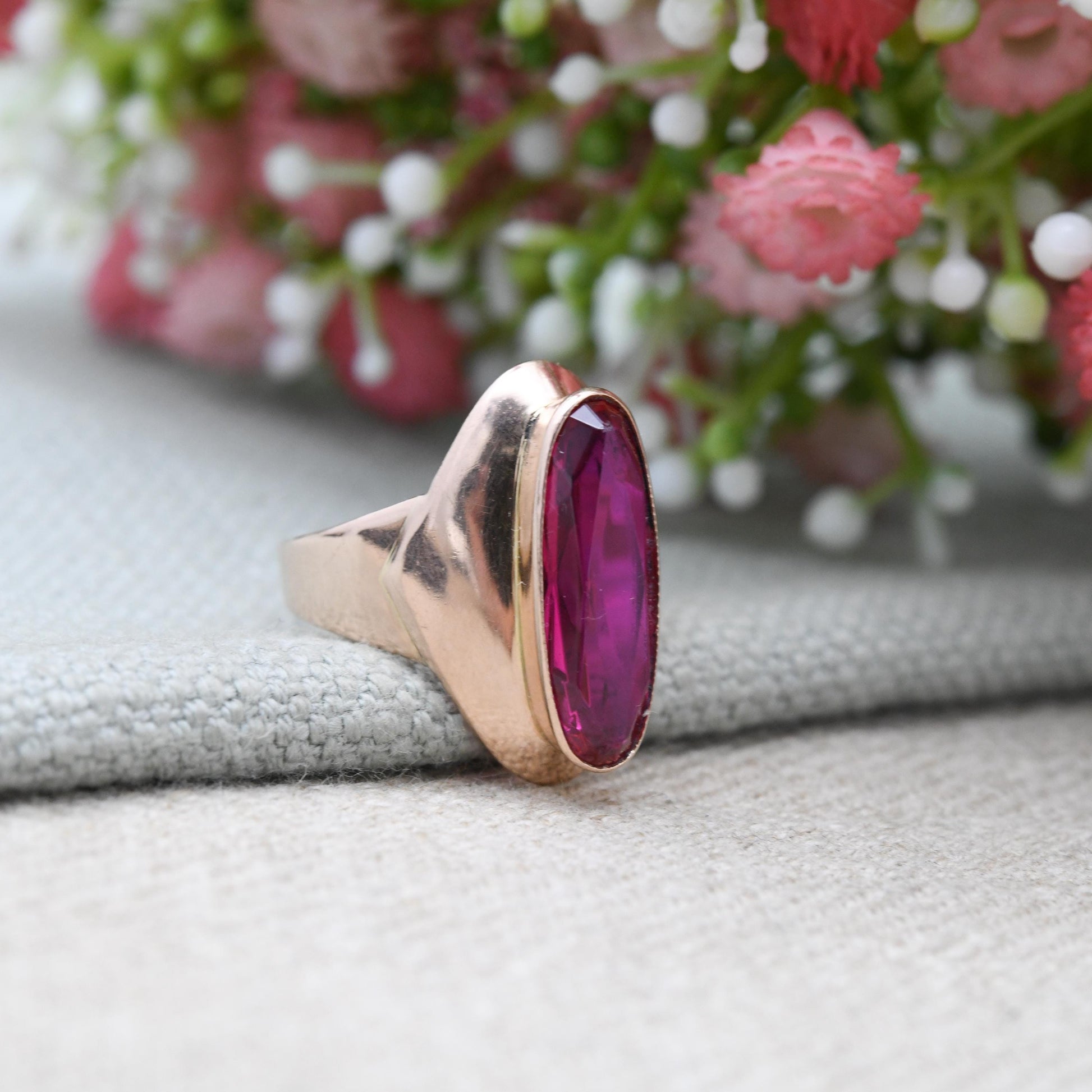 Vintage USSR 14ct Gold Ruby Ring - Large Rose Gold Statement Cocktail Ring | 585 Hammer and Sickle Hallmark | UK Size - N | US Size - 7