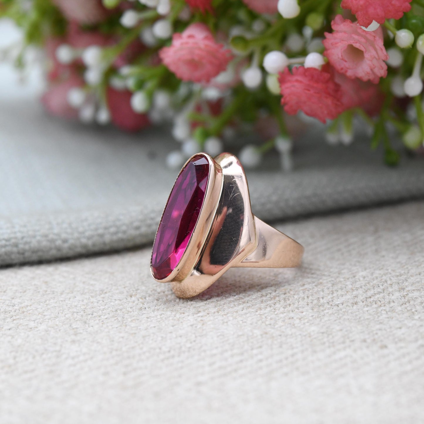 Vintage USSR 14ct Gold Ruby Ring - Large Rose Gold Statement Cocktail Ring | 585 Hammer and Sickle Hallmark | UK Size - N | US Size - 7