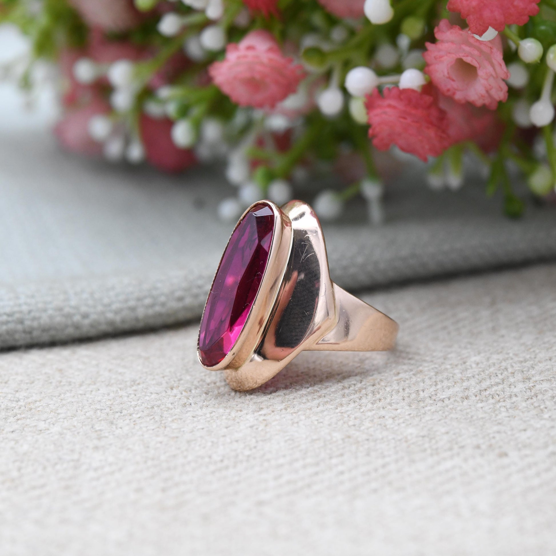 Vintage USSR 14ct Gold Ruby Ring - Large Rose Gold Statement Cocktail Ring | 585 Hammer and Sickle Hallmark | UK Size - N | US Size - 7