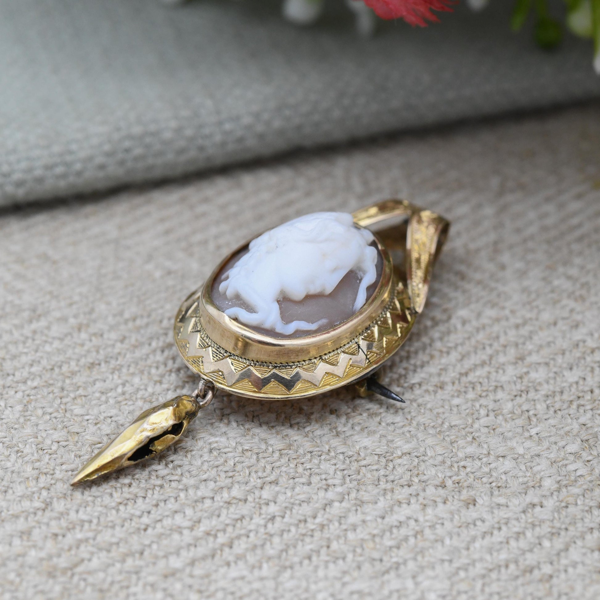 Antique Medusa Shell Cameo Pendant Brooch c. 1840s Victorian - Gorgon Classical Face Bust Engraved Border | Collectable Grand Tour Jewellery