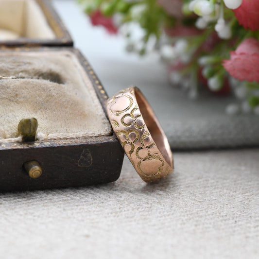 Antique 9ct Rose Gold Wedding Band Ring 1902 Clover and Heart Design - Edwardian Unisex Everyday Gold Jewellery | Size UK - O 1/2 US - 7 1/2