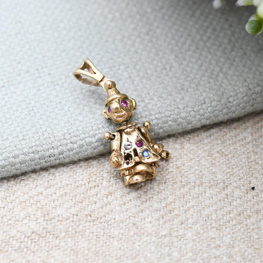 Vintage 9ct Gold Clown Charm Pendant with Ruby Eyes - Articulated Clown | Moving Limbs | Colourful Gemstone Buttons