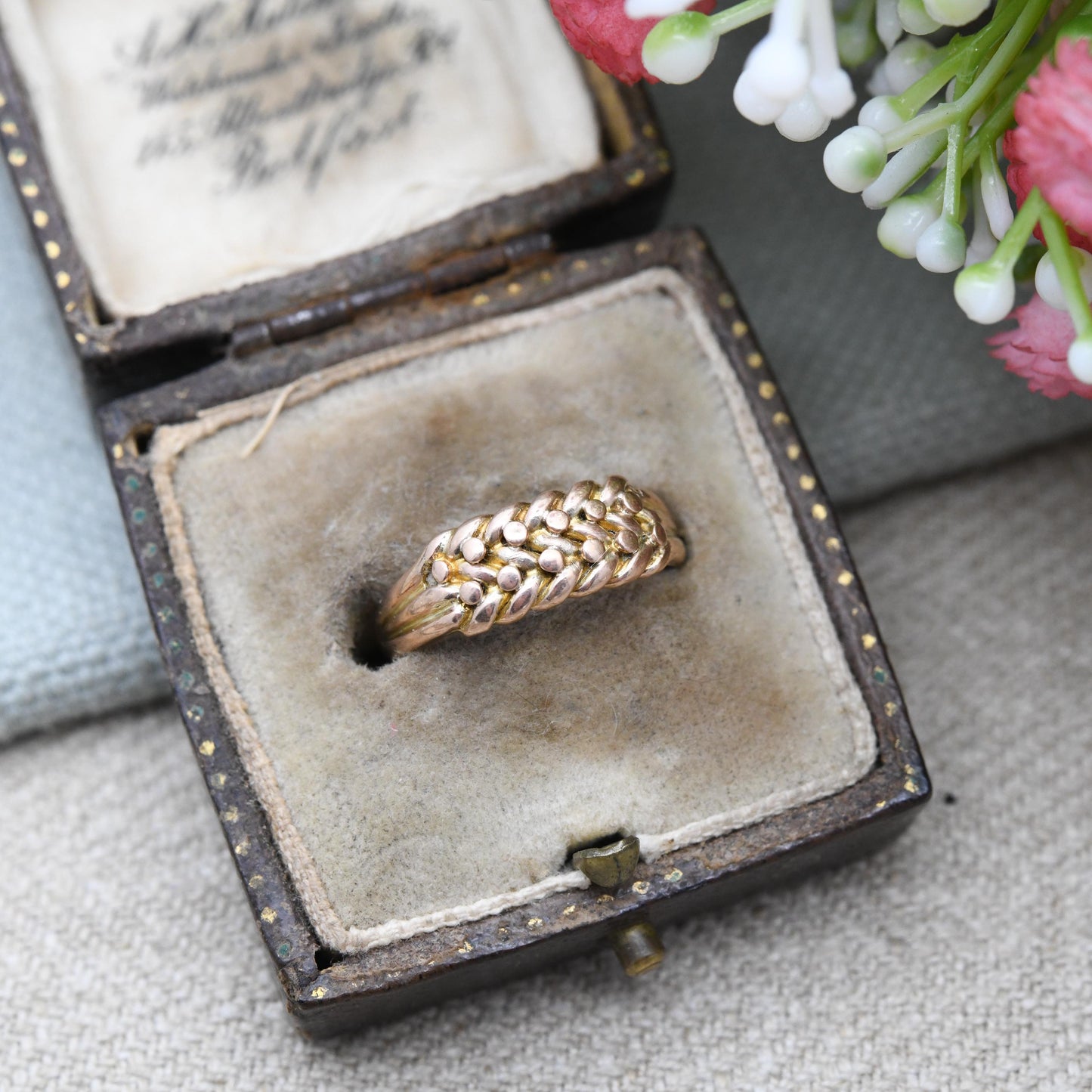 Antique 9ct Gold Keeper Ring 1905 Edwardian - Textured Knotted Band Love Symbol | Everyday Gold Jewellery | UK Size - L | US Size - 5 3/4