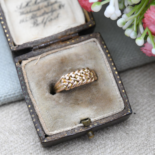Antique 9ct Gold Keeper Ring 1905 Edwardian - Textured Knotted Band Love Symbol | Everyday Gold Jewellery | UK Size - L | US Size - 5 3/4