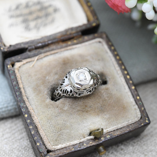 Antique 14ct White Gold Diamond Solitaire Ring - True Vintage Art Deco Engagement Ring | UK Size - J | US Size - 5