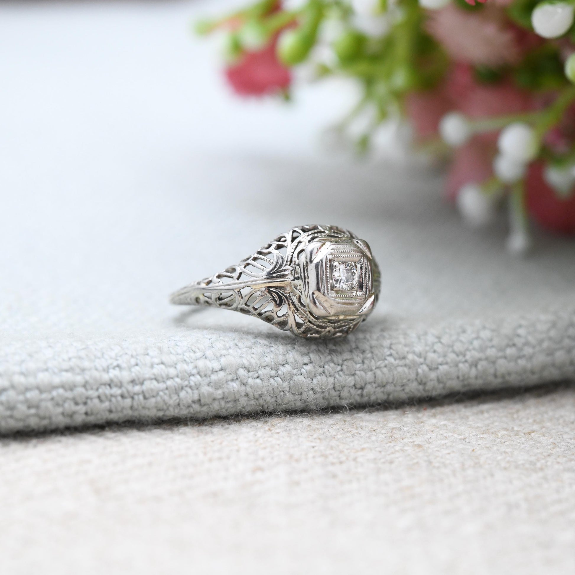 Antique 14ct White Gold Diamond Solitaire Ring - True Vintage Art Deco Engagement Ring | UK Size - J | US Size - 5